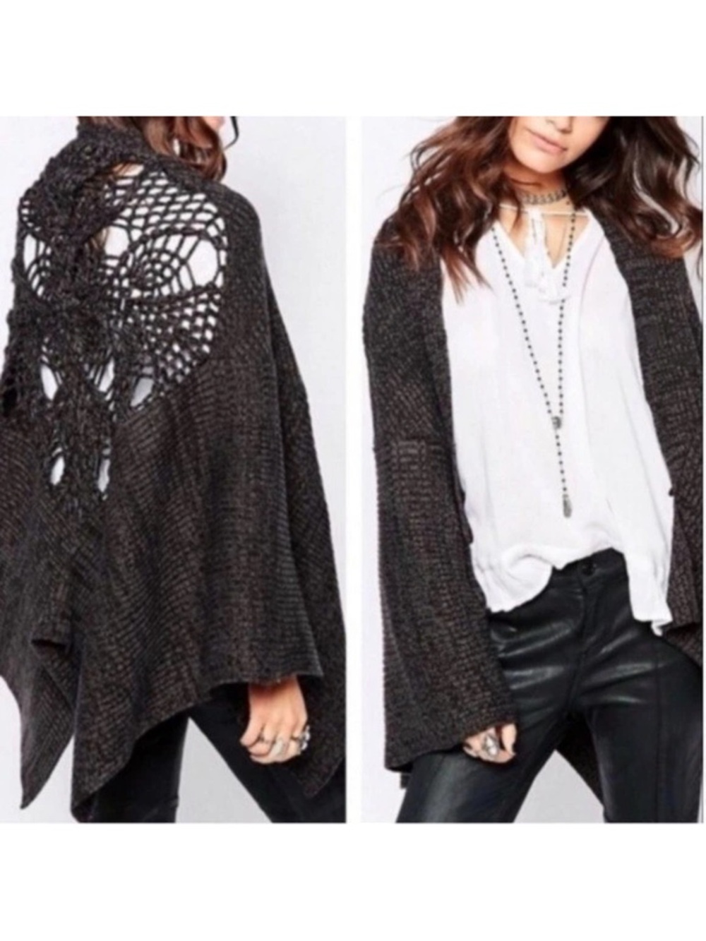 FREE PEOPLE Charcoal Crochet Knit Wrap Poncho - EUC!